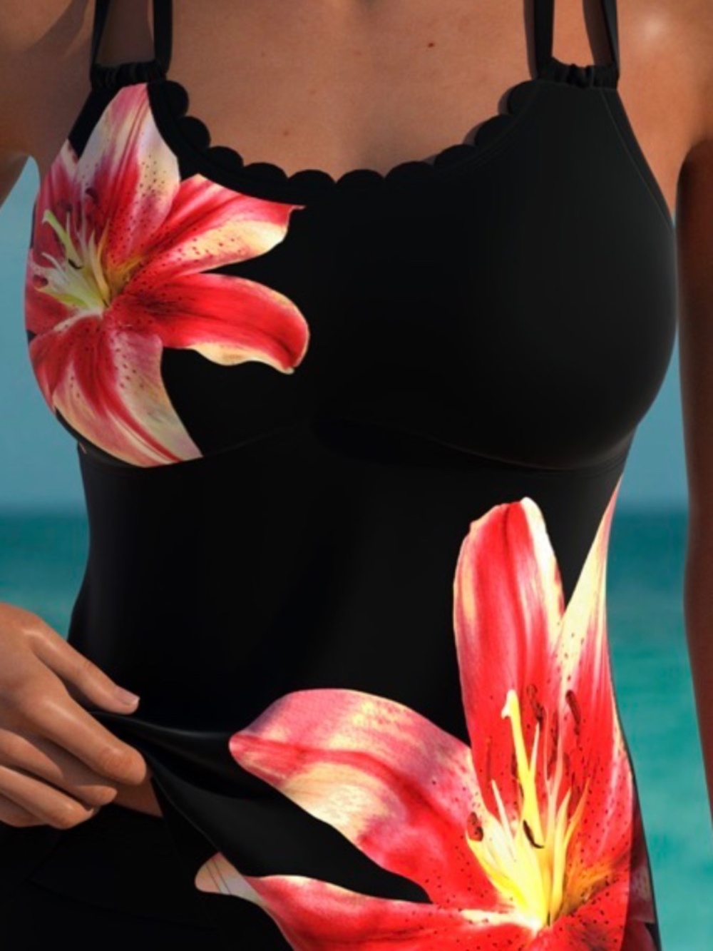 Women’s Tankini Top Black with Flowers XL